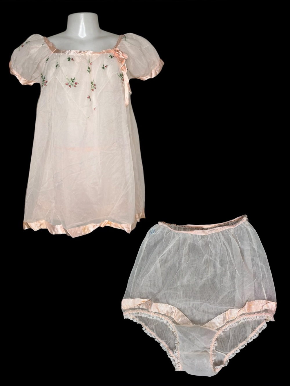 VTG 1960s Sheer Pink Nylon Babydoll Lingerie Set Bloomers Puff Sleeve Nightgown